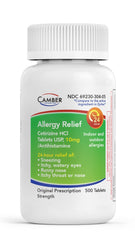 Camber Pharmaceuticals cetirizine 10mg tablets front label for all-day allergy relief.