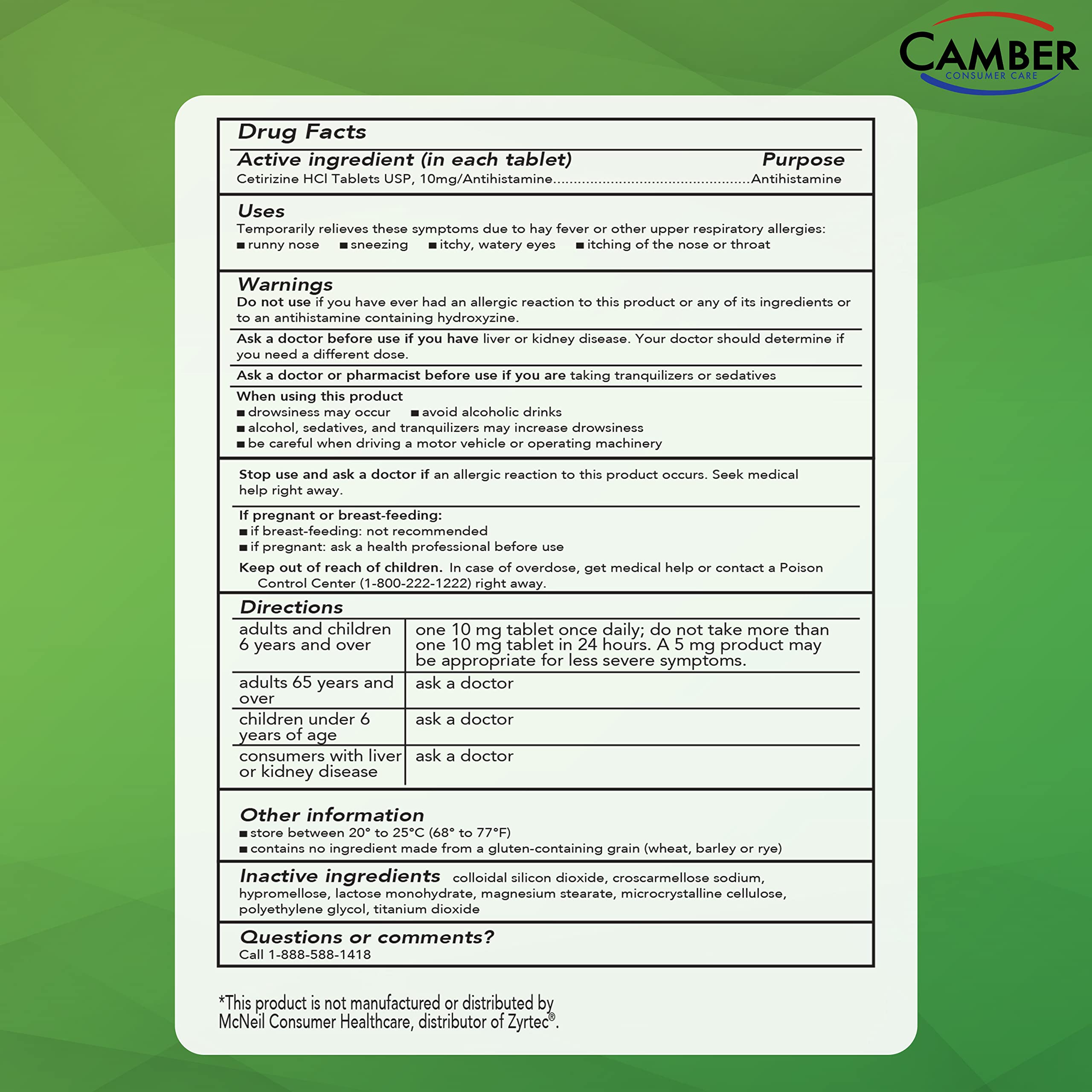 Camber cetirizine 10mg tablets in use show everyday allergy relief at home or outdoors.