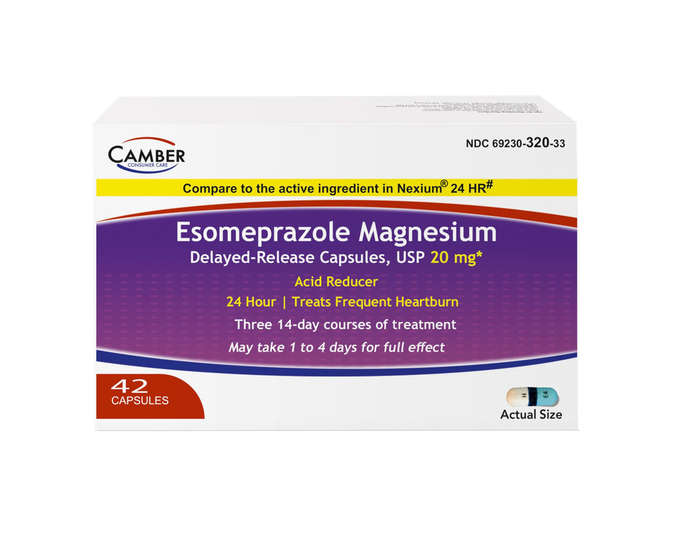 Camber Esomeprazole bottle front for heartburn relief in daily routine