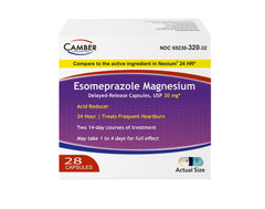 Camber Esomeprazole 20mg delayed-release bottle for daily heartburn management.