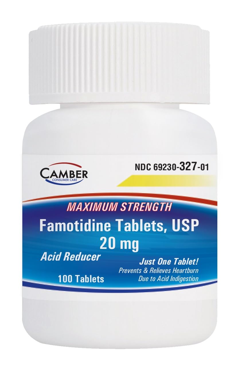 Camber Pharmaceuticals famotidine tablets 20 mg for on-the-go heartburn relief.