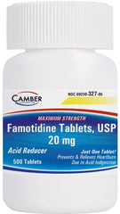 Camber Pharmaceuticals famotidine tablets 500ct pack front view for long-lasting heartburn support.