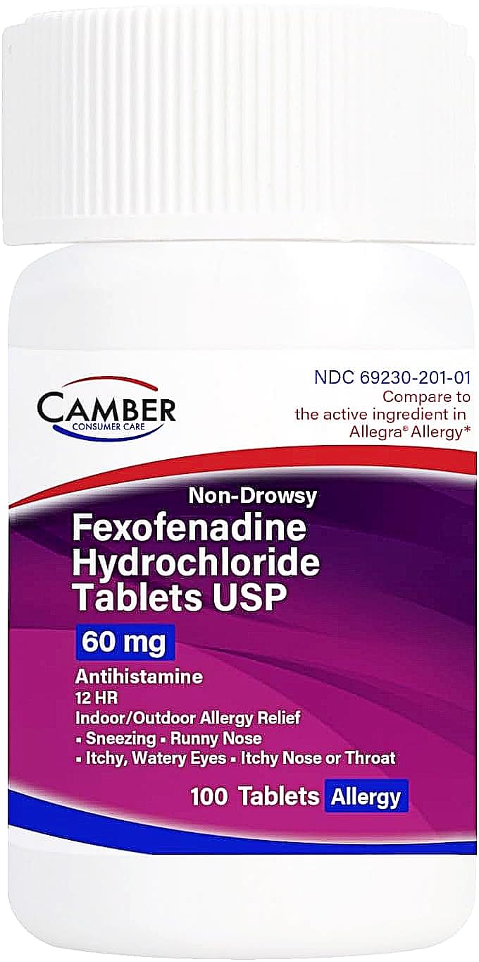 Camber Pharmaceuticals fexofenadine packaging showing 100 count for all-day allergy relief.