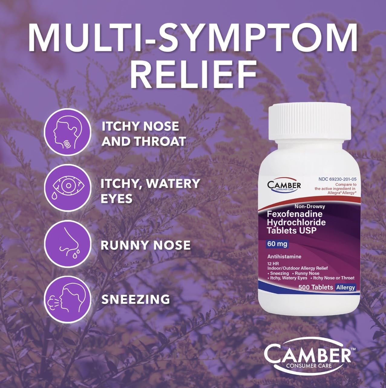 Camber fexofenadine 60 mg tablets ready for 12-hour non-drowsy relief.