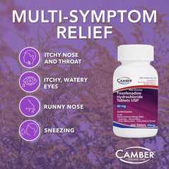 Camber fexofenadine 60 mg tablets ready for 12-hour non-drowsy relief.