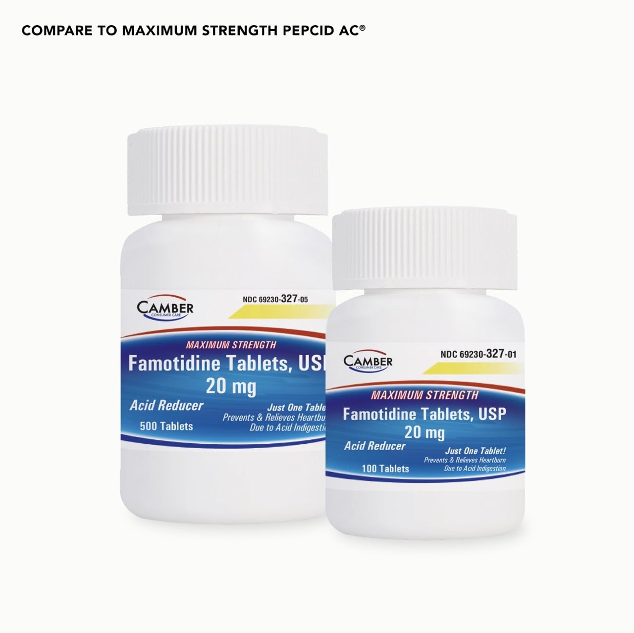 Camber Pharmaceuticals heartburn relief packaging highlights easy access.