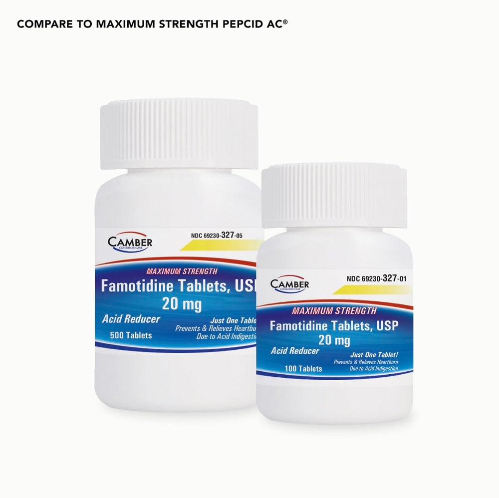 Camber Pharmaceuticals heartburn relief packaging highlights easy access.