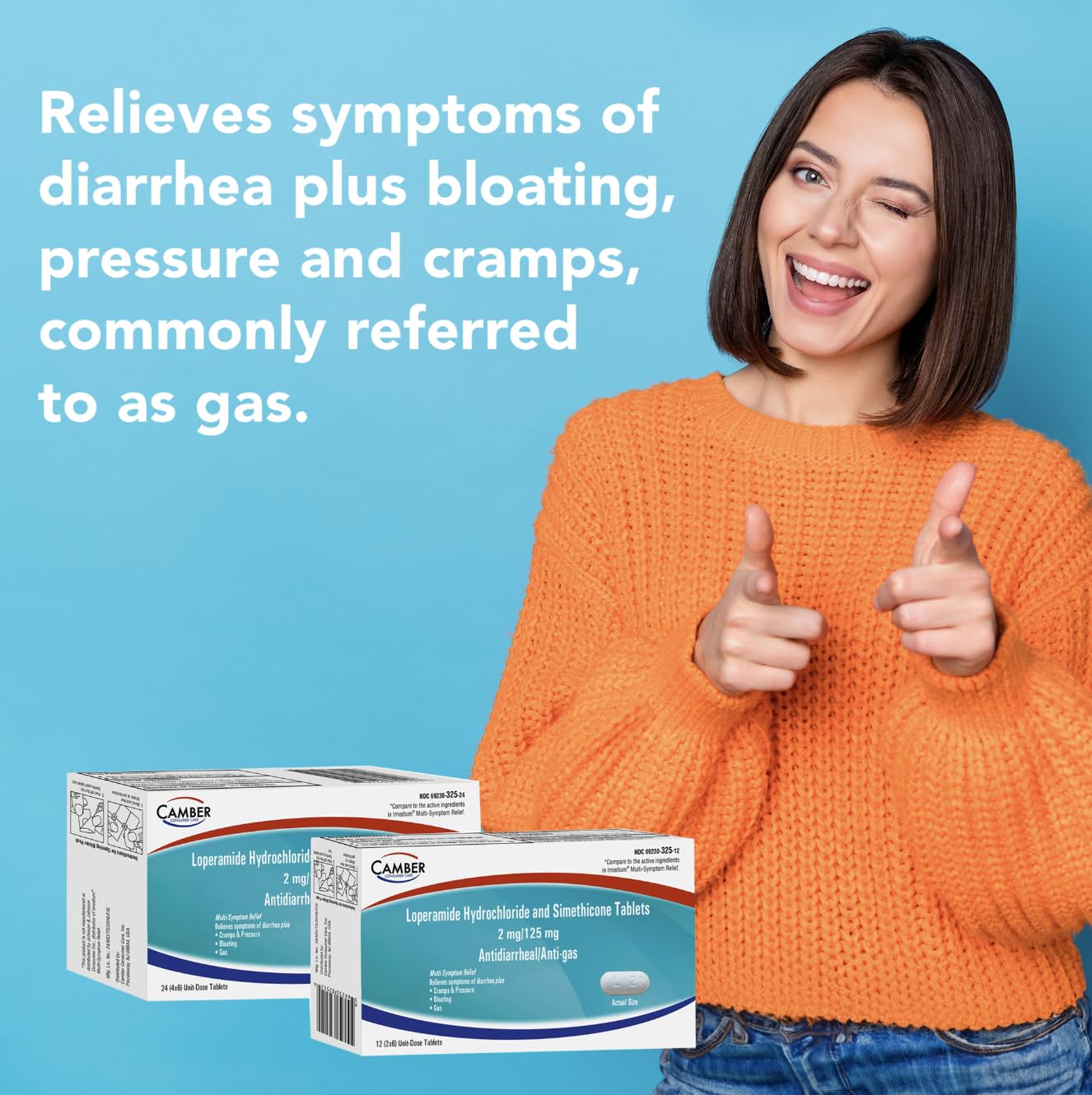 Camber Pharmaceuticals loperamide-simethicone tablets close-up emphasizing dual-action digestive support.