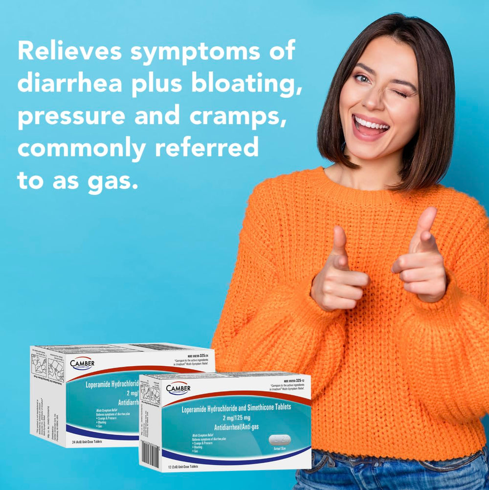 Camber Pharmaceuticals loperamide-simethicone tablets close-up emphasizing dual-action digestive support.