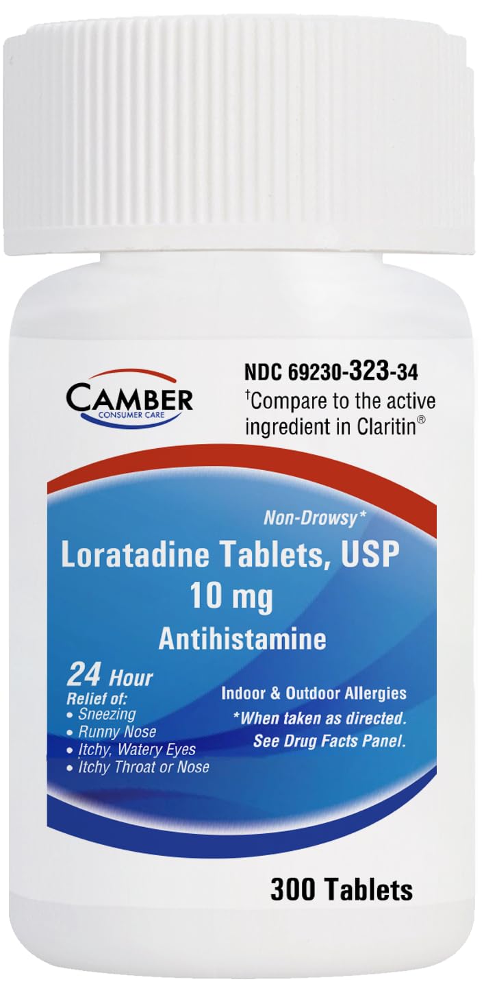 Camber Loratadine 10mg tablets bottle for all-day allergy relief.