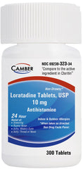 Camber Loratadine 10mg tablets bottle for all-day allergy relief.