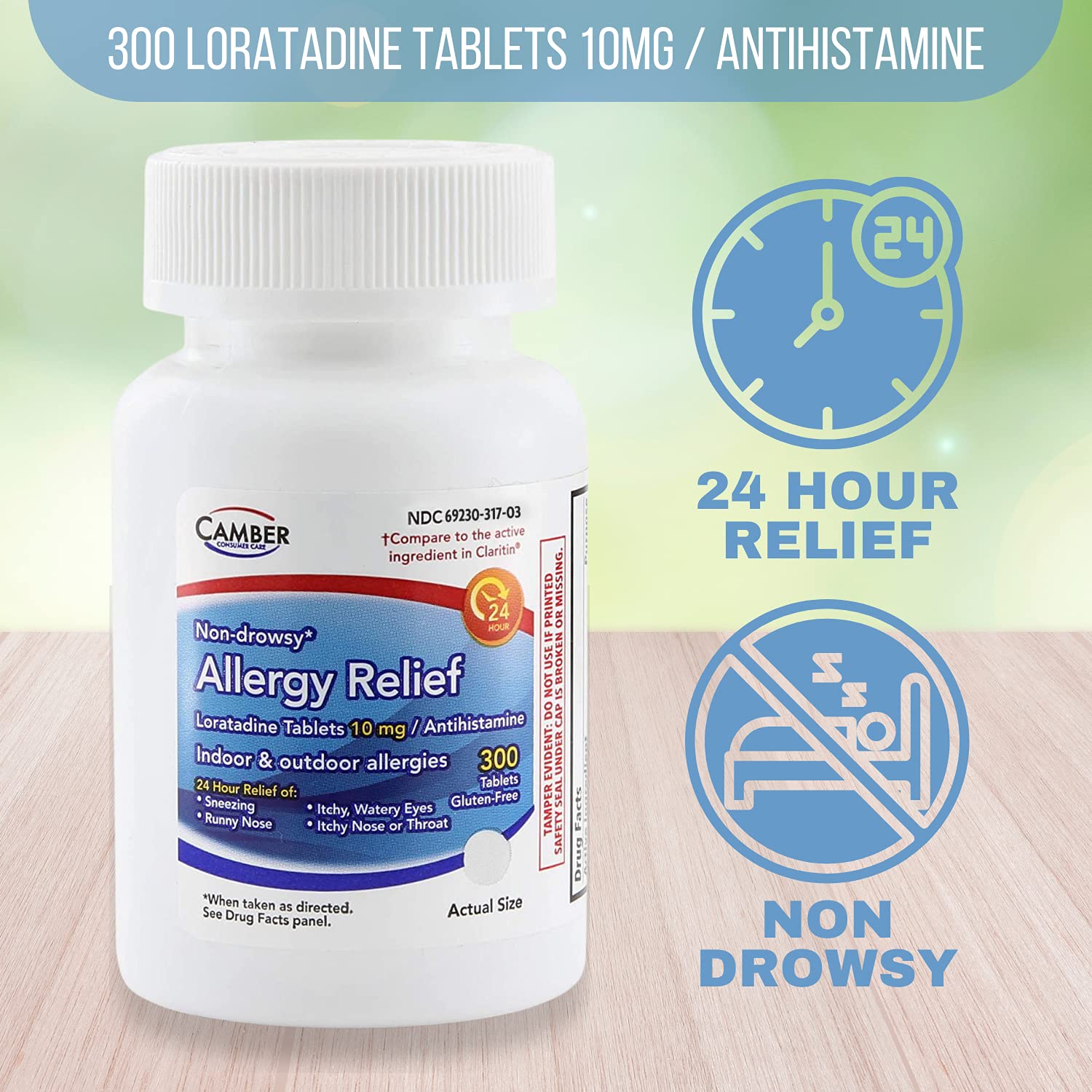 Camber Loratadine 300-tablets packaging highlights gluten-free, non-drowsy relief.