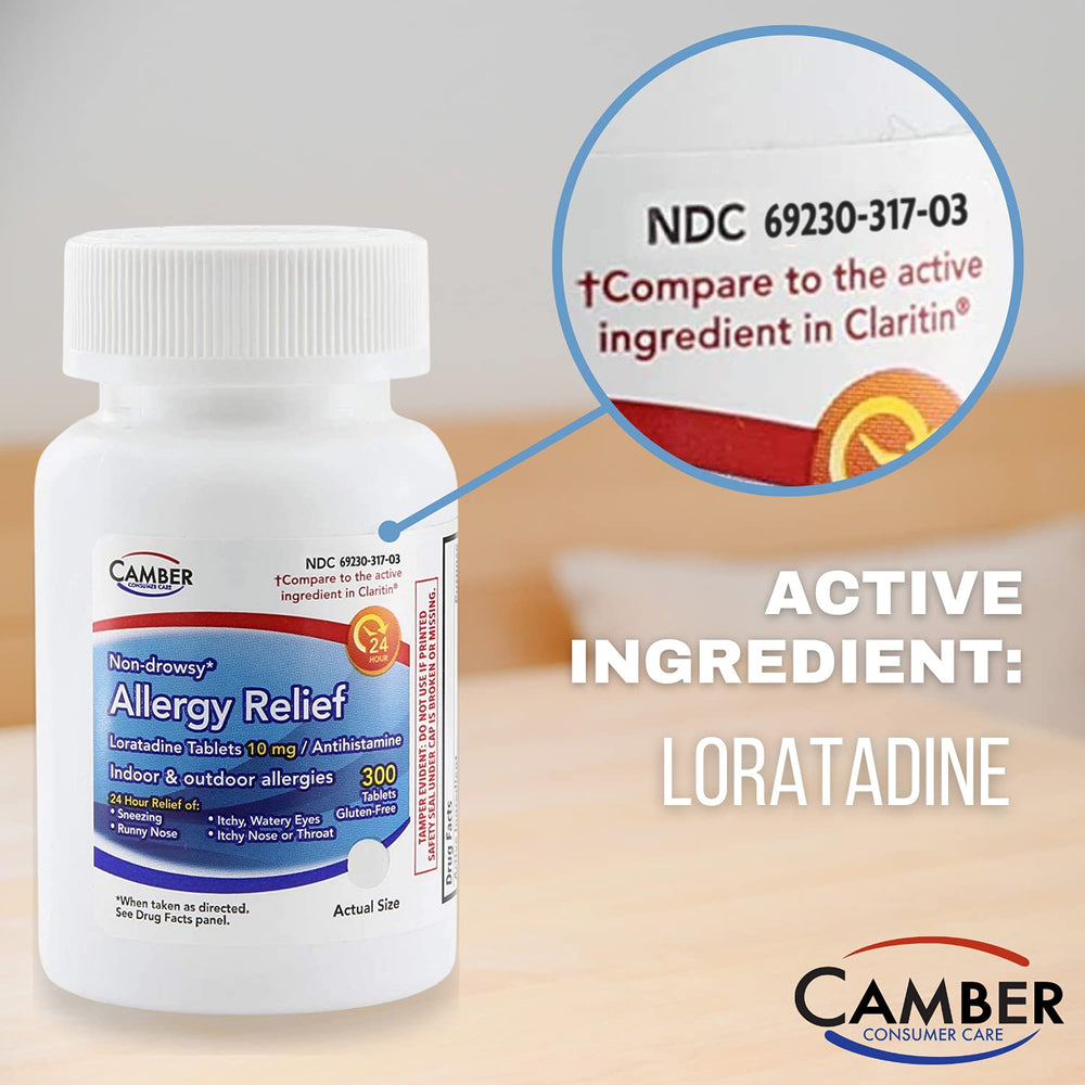 Camber Loratadine packaging with gluten-free icon.