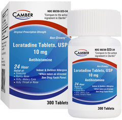 Camber Loratadine bottle with indoor allergy scenario.