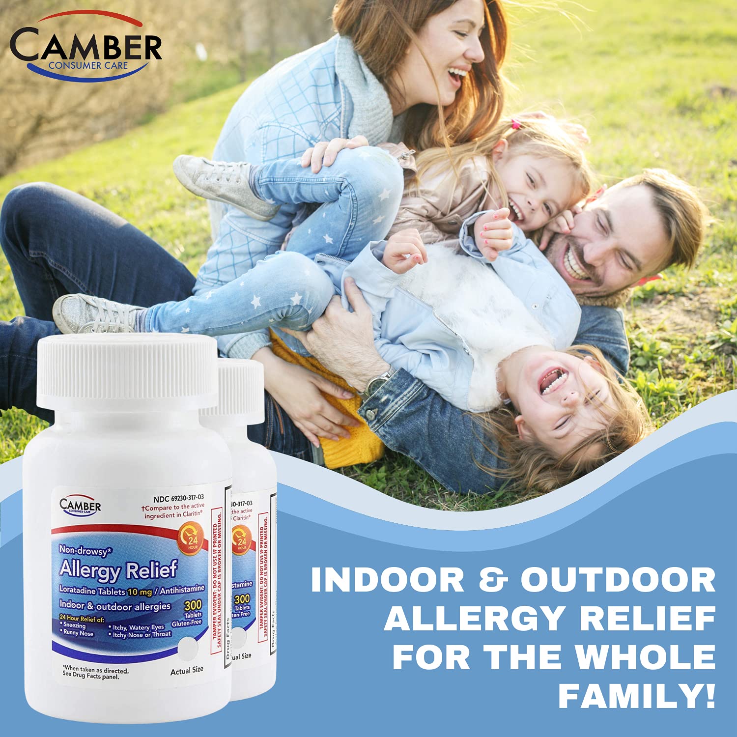 Camber Loratadine bottle beside outdoor scene for seasonal relief.