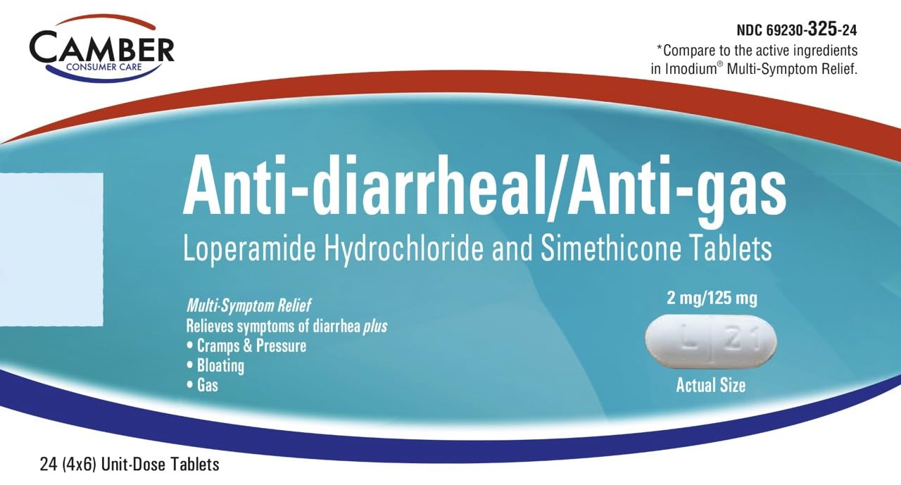 Camber Pharmaceuticals multi-symptom tablets bottle front showing packaging for fast digestive relief.