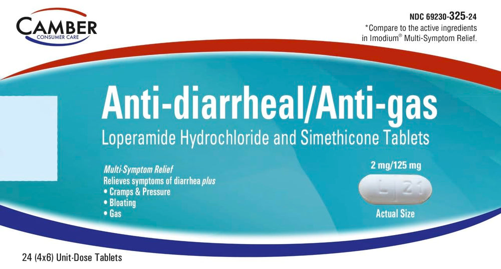 Camber Pharmaceuticals multi-symptom tablets bottle front showing packaging for fast digestive relief.