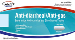 Camber Pharmaceuticals multi-symptom tablets bottle front showing packaging for fast digestive relief.