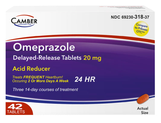 Camber Omeprazole 20mg tablets package with label for trusted heartburn relief.