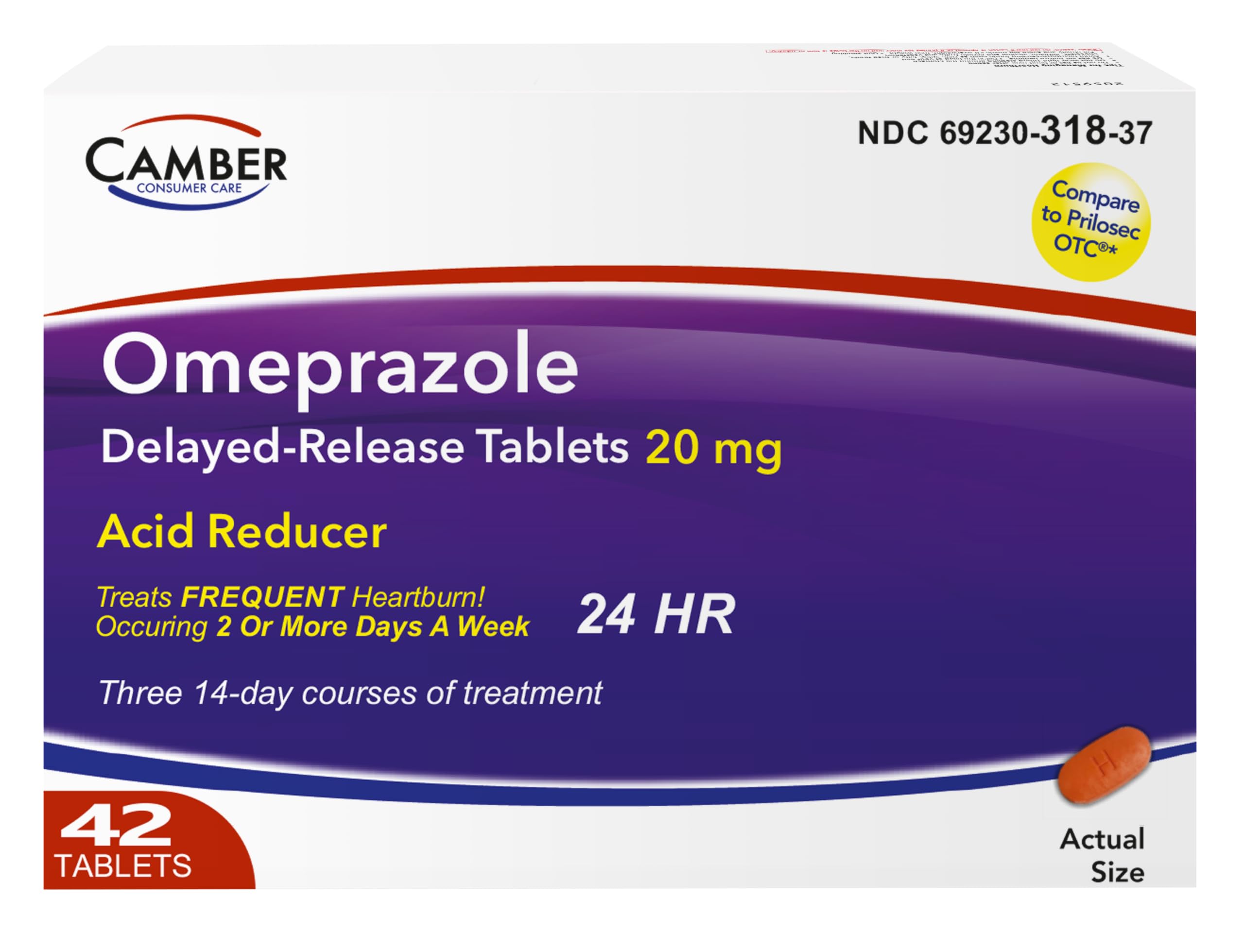 Camber Omeprazole 20mg tablets package with label for trusted heartburn relief.