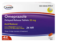 Camber Omeprazole 20mg tablets package with label for trusted heartburn relief.