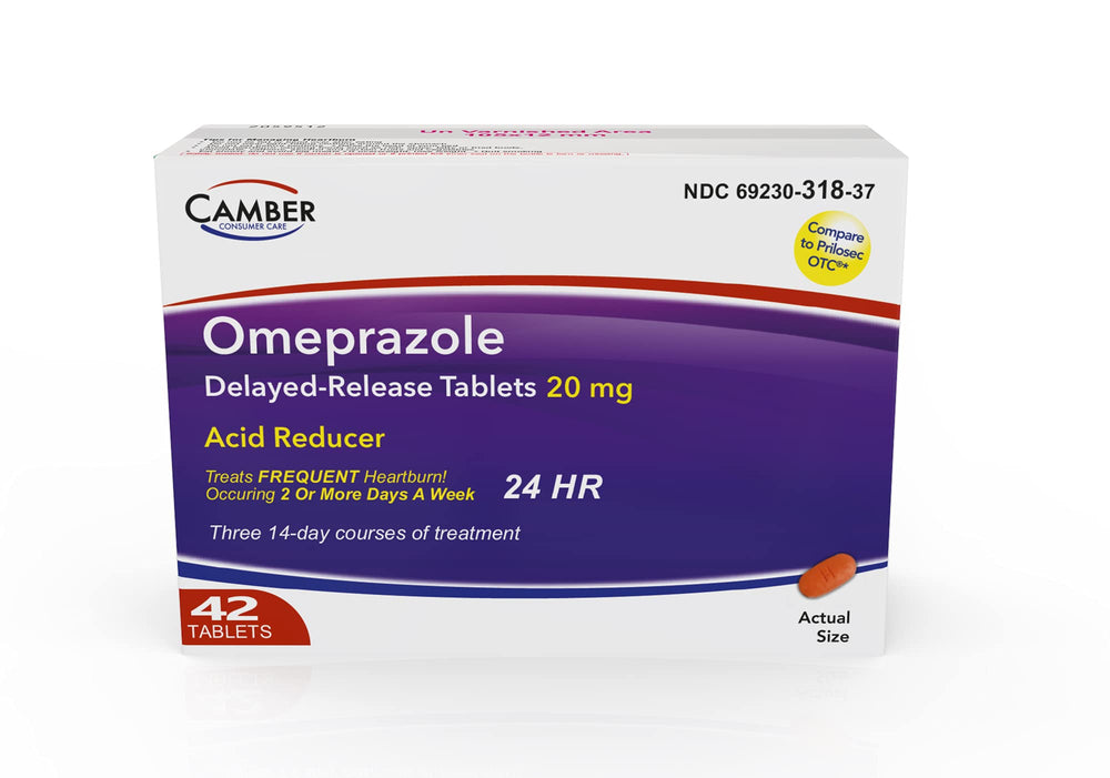 Camber Omeprazole tablets in hand suggest on-the-go support.