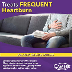 Camber Omeprazole tablets pouring from bottle for easy dosing.
