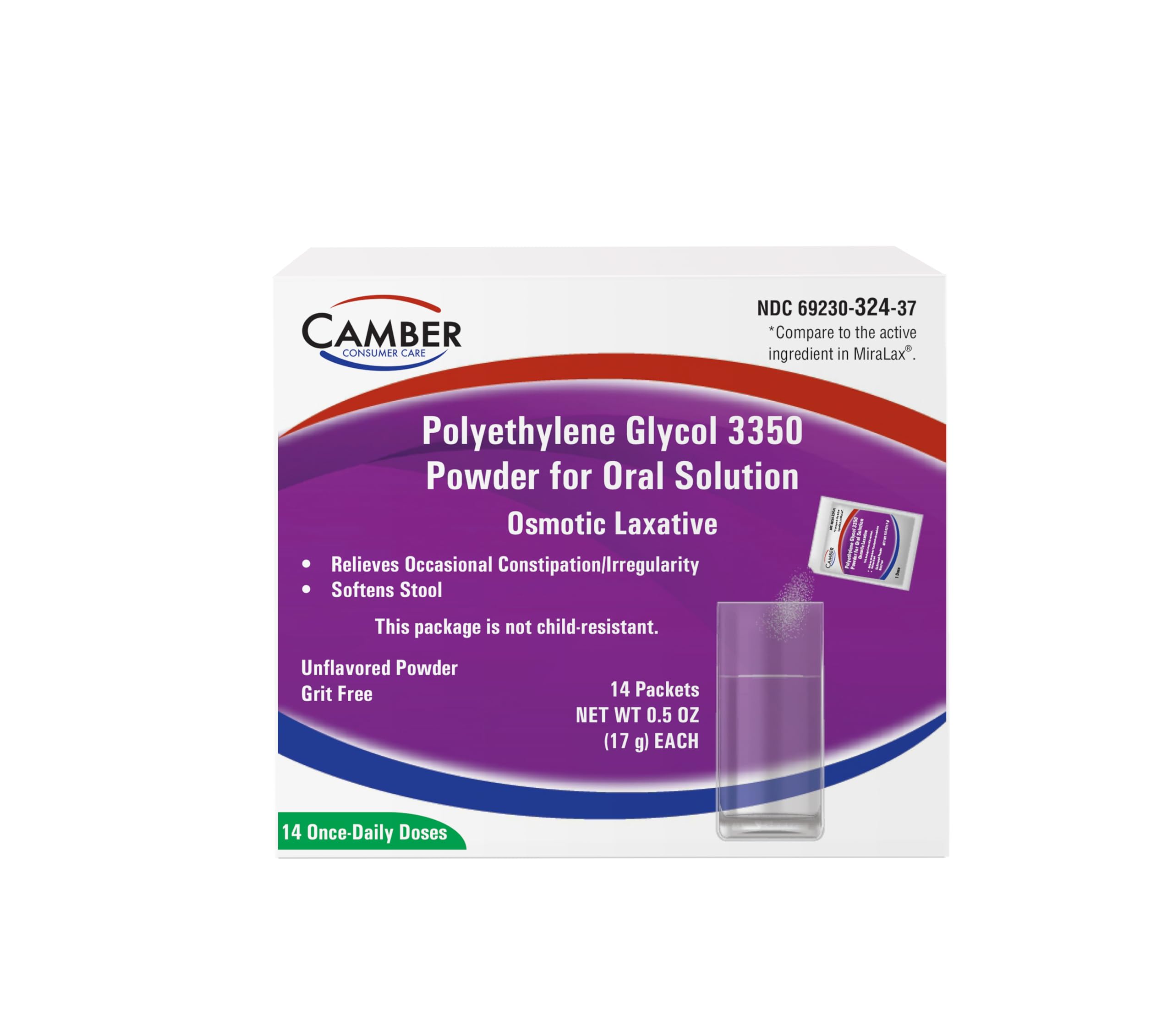 Camber Pharmaceuticals PEG 3350 powder sachets for gentle occasional relief.