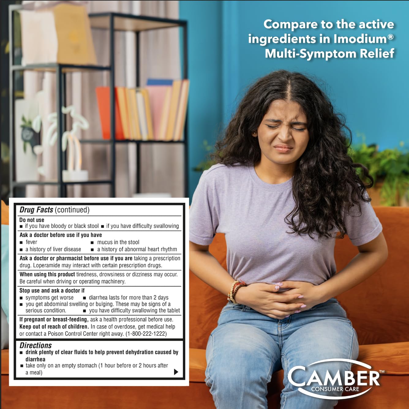 Camber Pharmaceuticals tablets poured into hand illustrating immediate symptom relief on the go.