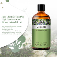Camphor essential oil bottle in use with a diffuser