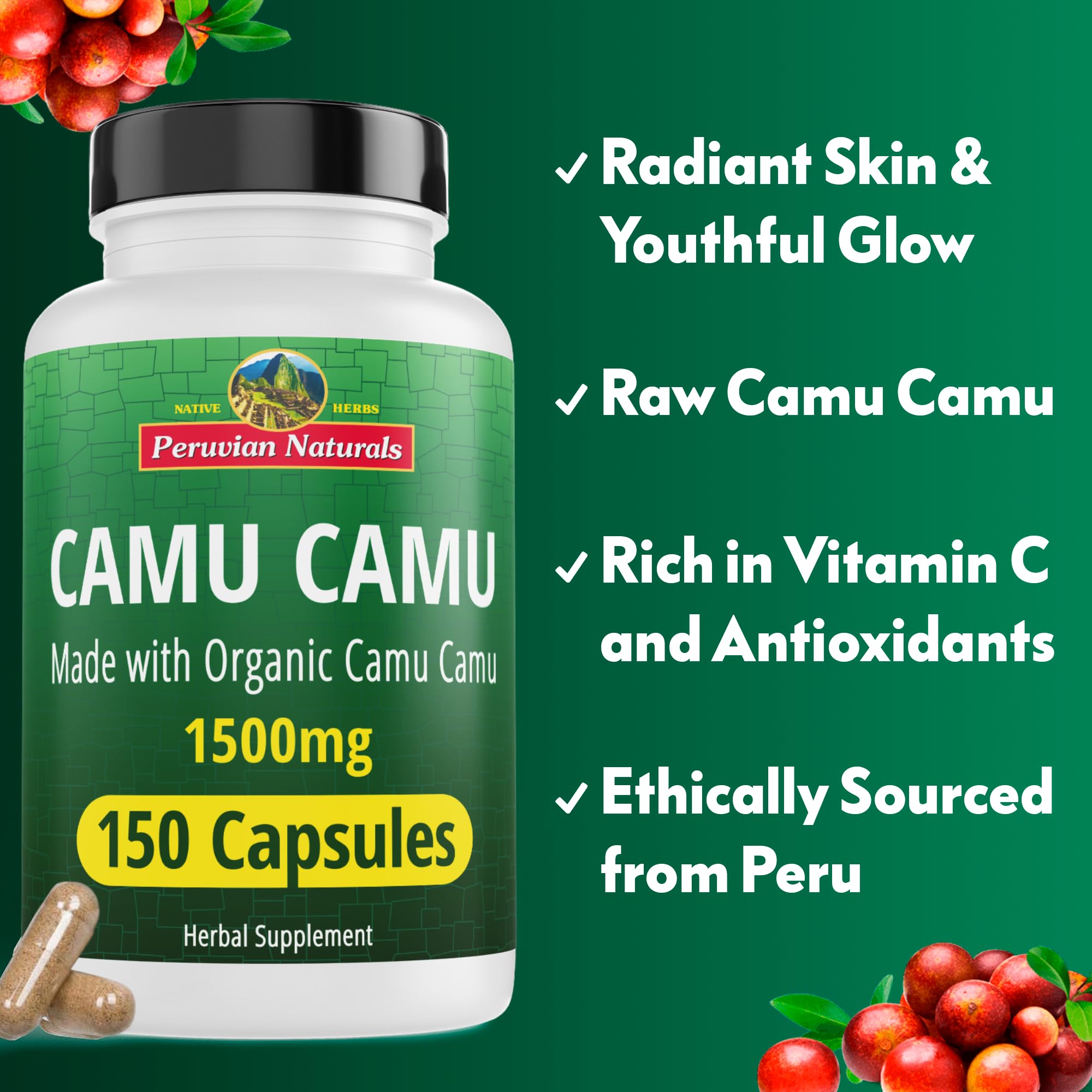 Close-up of Camu Camu capsules showing smooth coating