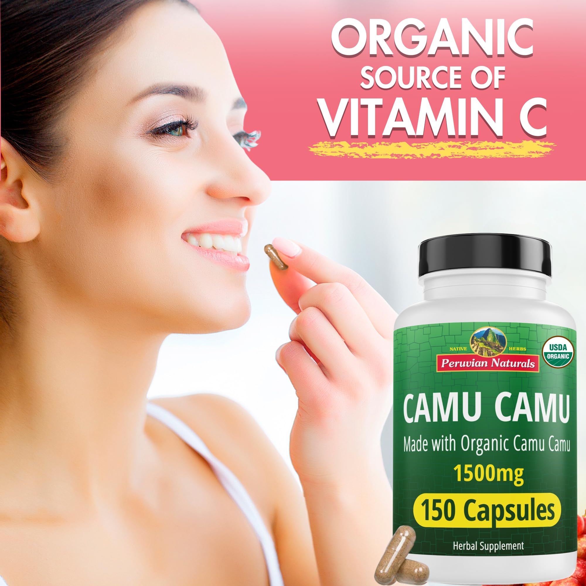 Close-up of Camu Camu capsules showing powder