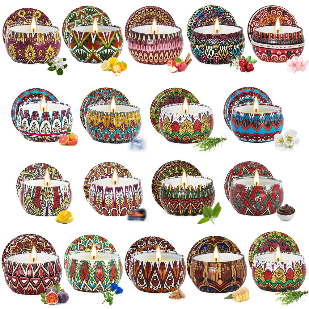 Decorative retro-style candle tins from the 18-pack gift set