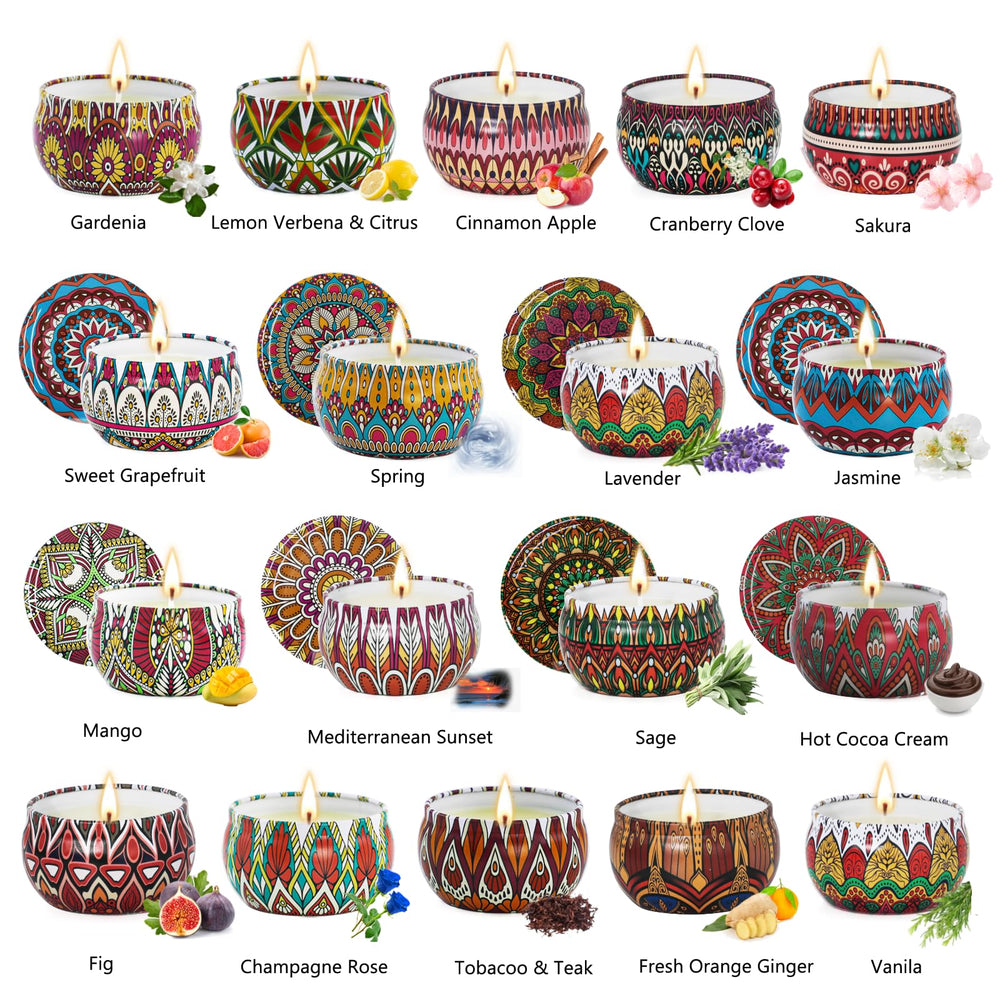 Assorted scented soy candles in various fragrances