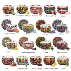 Assorted scented soy candles in various fragrances