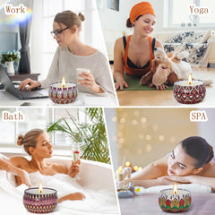 Colorful candle tins arranged for holiday décor