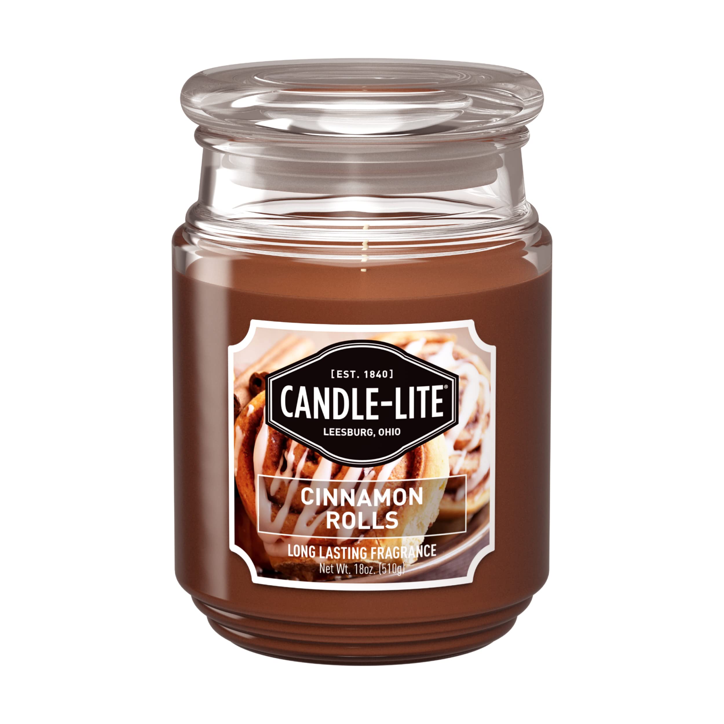 Front view of Candle-Lite Cinnamon Rolls 18 oz brown single-wick aromatherapy candle