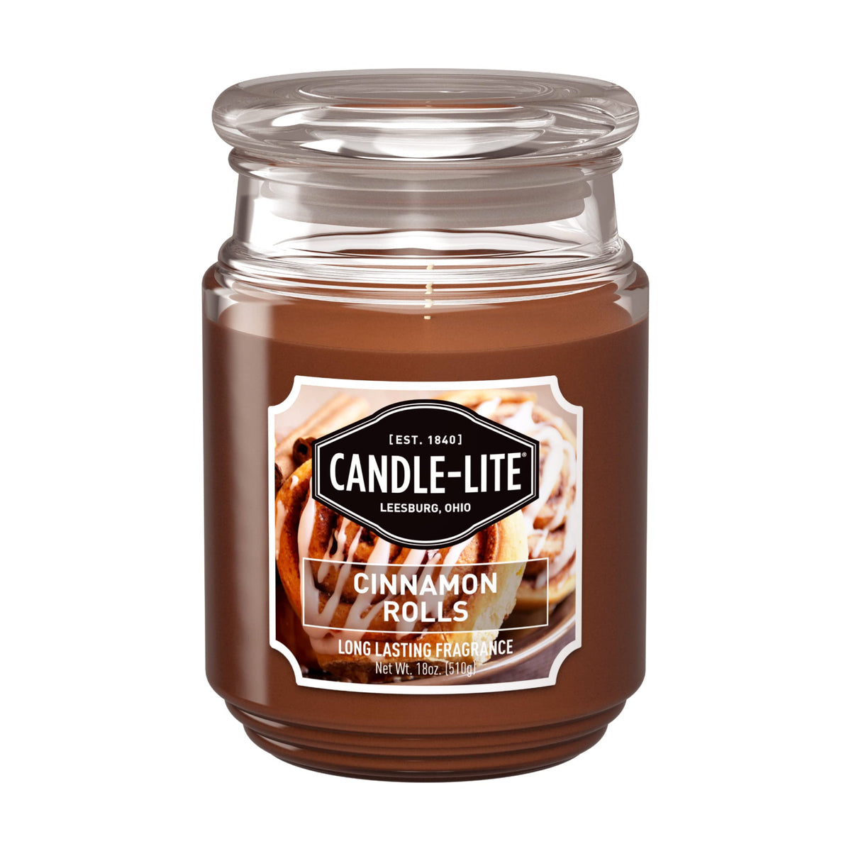 Front view of Candle-Lite Cinnamon Rolls 18 oz brown single-wick aromatherapy candle