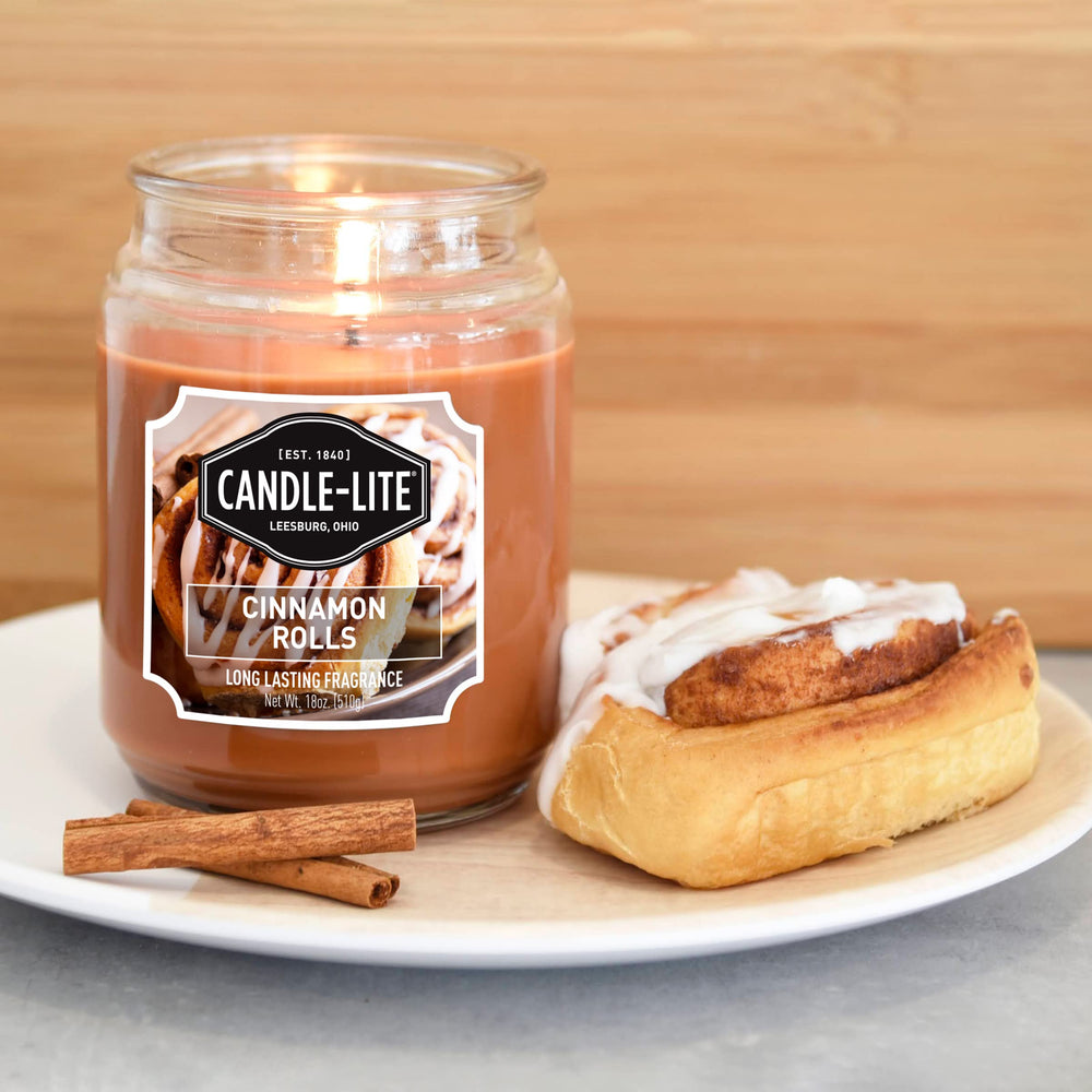 Close-up of the brown Candle-Lite Cinnamon Rolls 18 oz single-wick candle