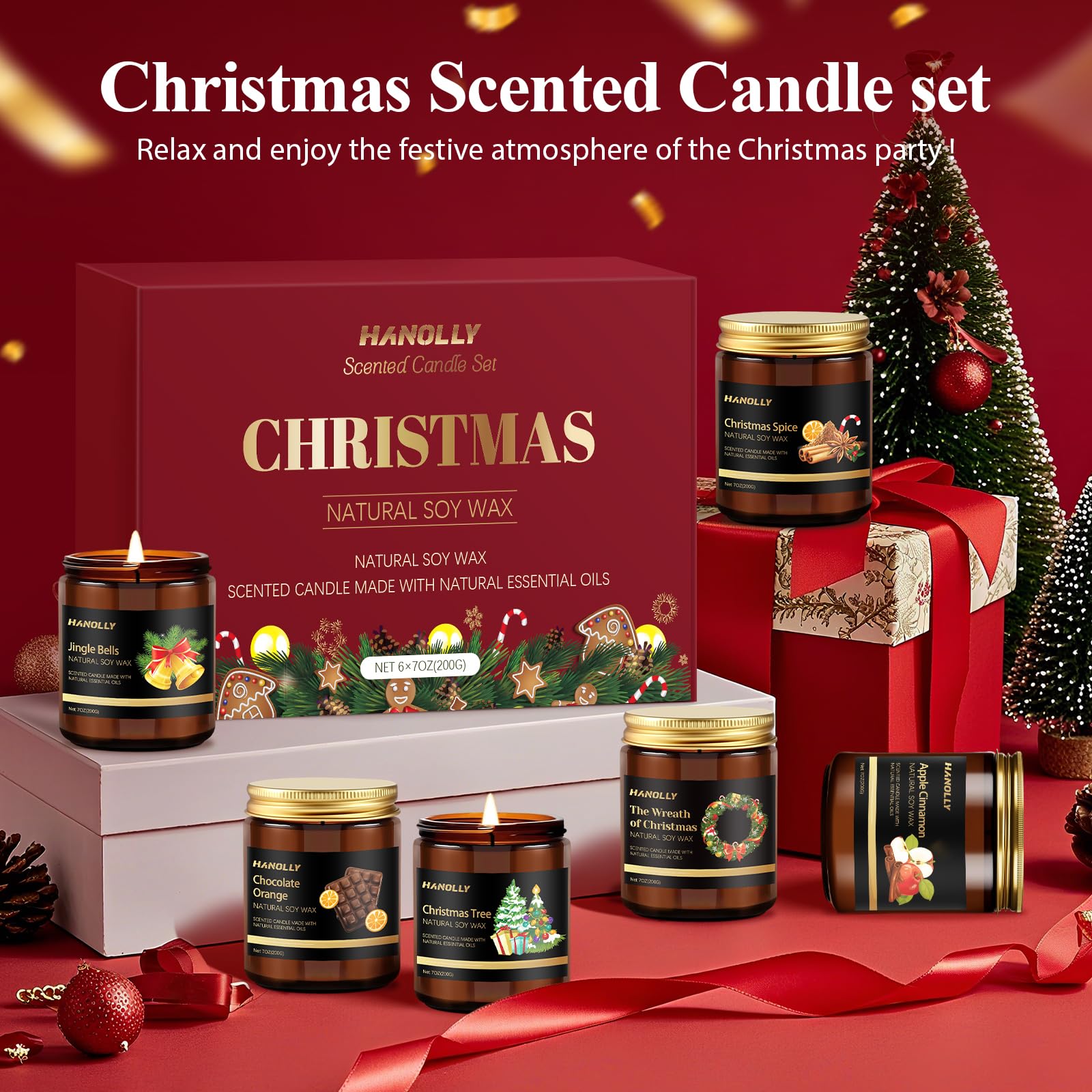 Festive holiday gift box packaging for candle set