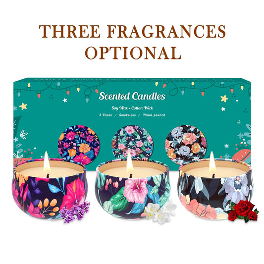 Side view of three-pack scented candles: cloves, roses and freesia