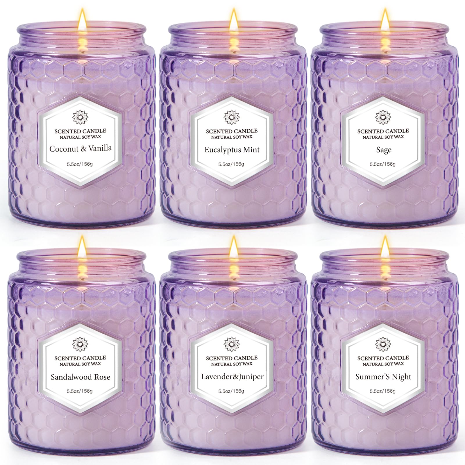 Six-pack aromatherapy candles set in luxury purple embossed jars
