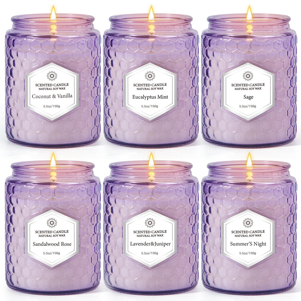 Six-pack aromatherapy candles set in luxury purple embossed jars