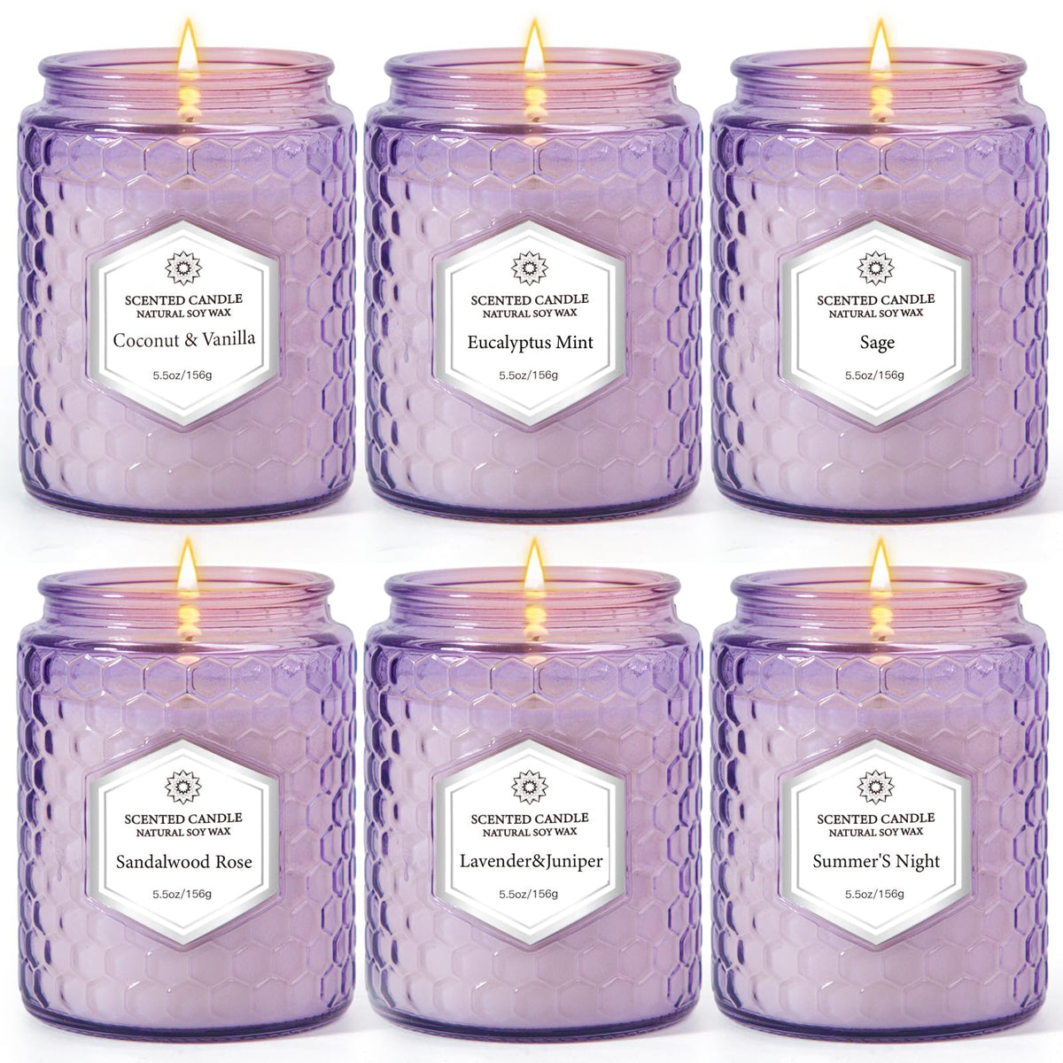 Six-pack aromatherapy candles set in luxury purple embossed jars