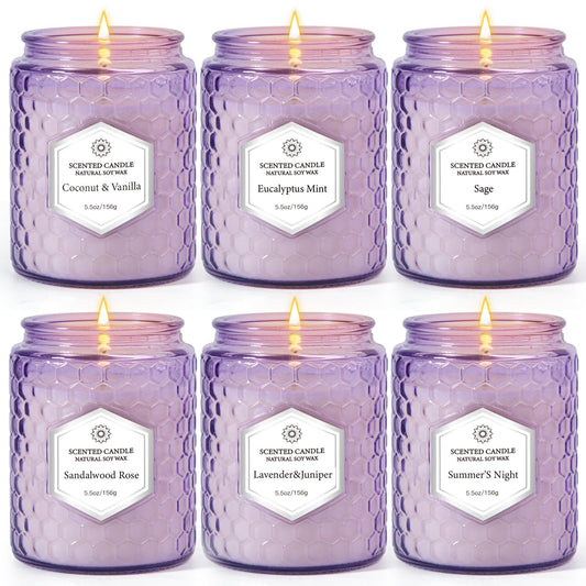 Six-pack aromatherapy candles set in luxury purple embossed jars