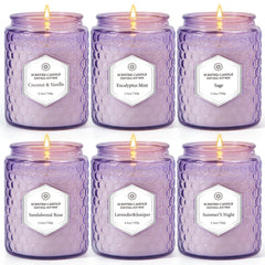 Six-pack aromatherapy candles set in luxury purple embossed jars