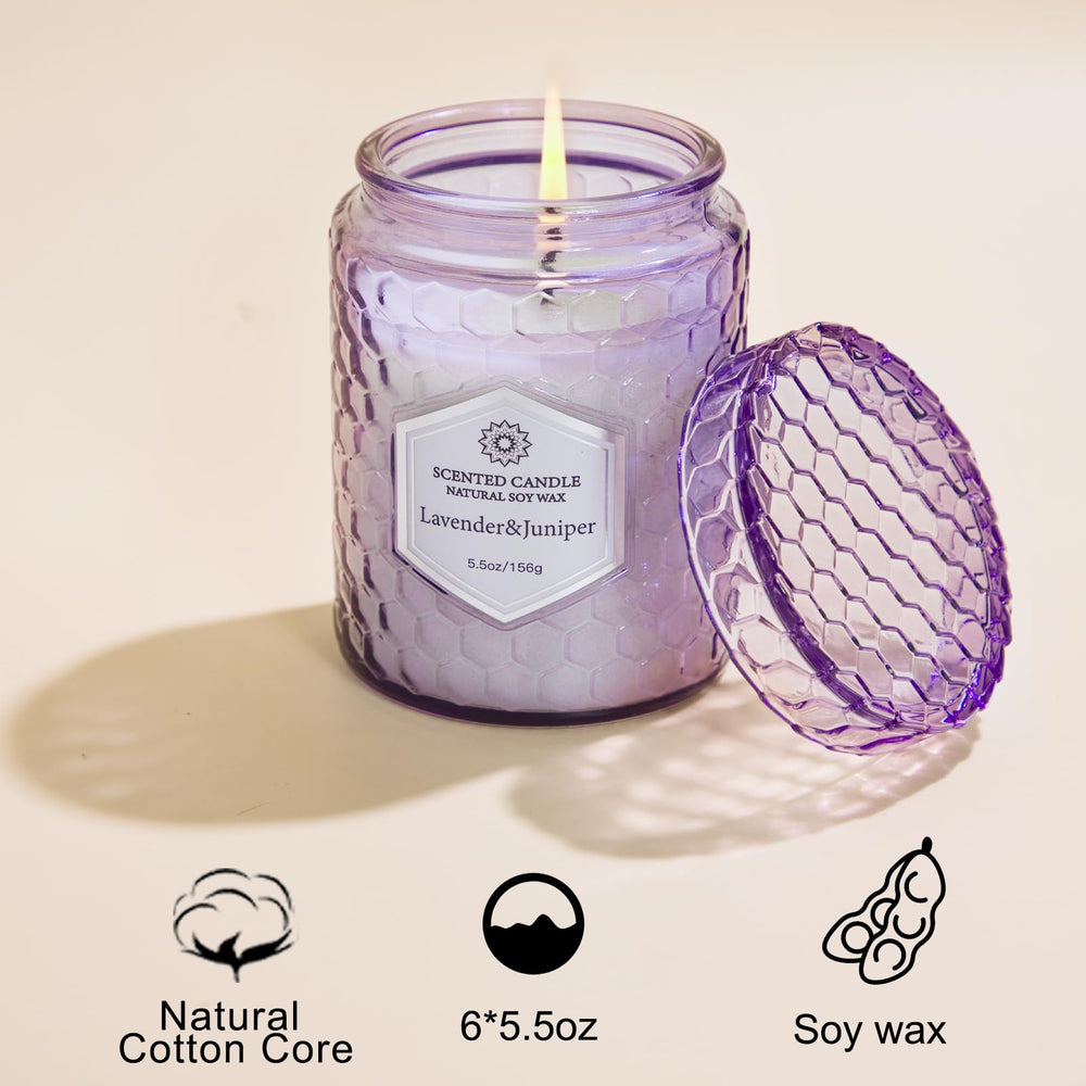 Eucalyptus Mint scented candle in purple embossed jar