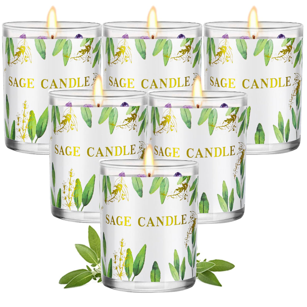 Six-pack sage candles in natural soy wax with lead-free cotton wick