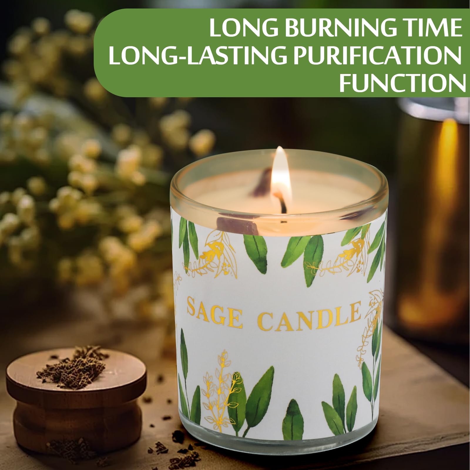 Sage candle burning, creating calming ambiance for energy cleansing