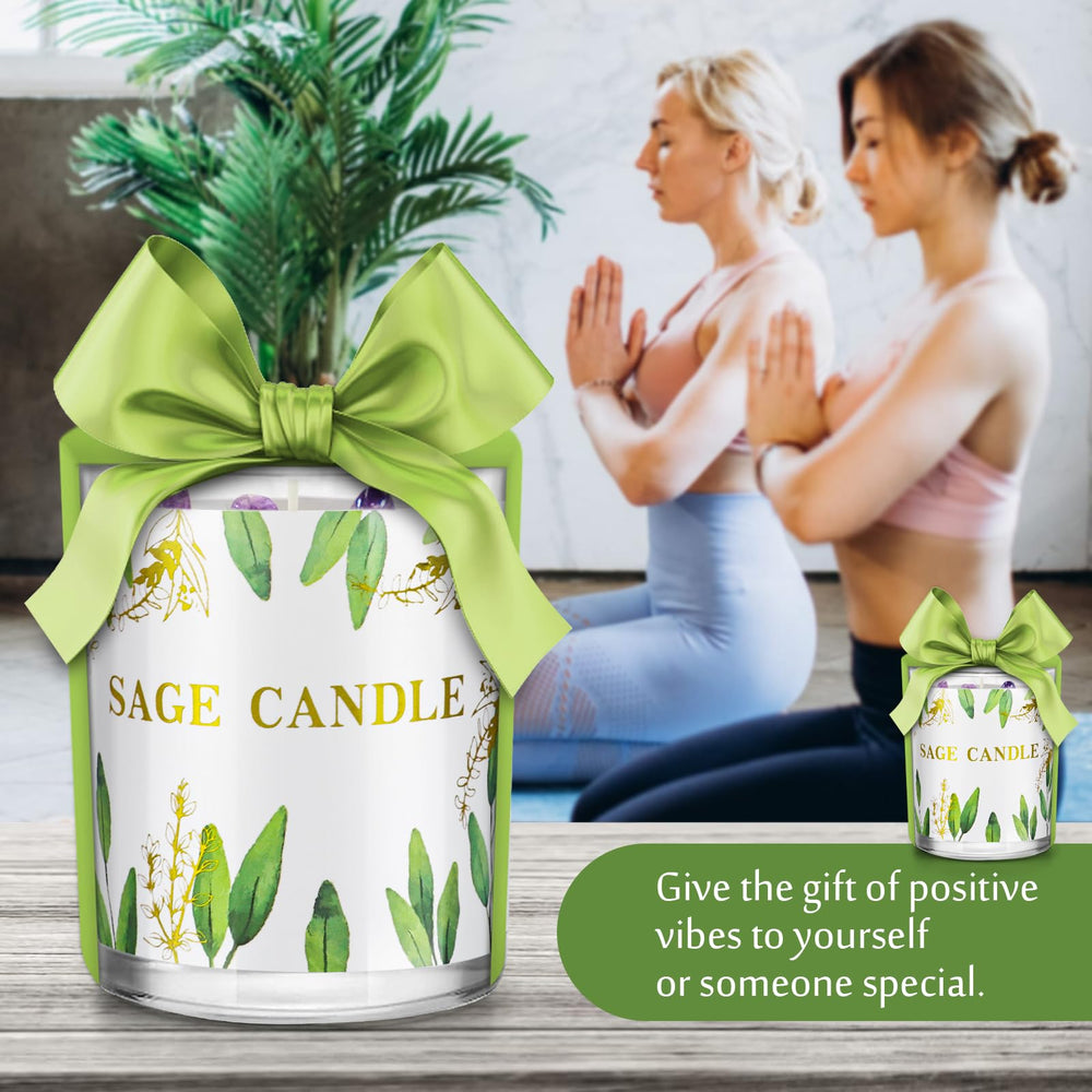 Assorted sage candles arranged on a wooden surface